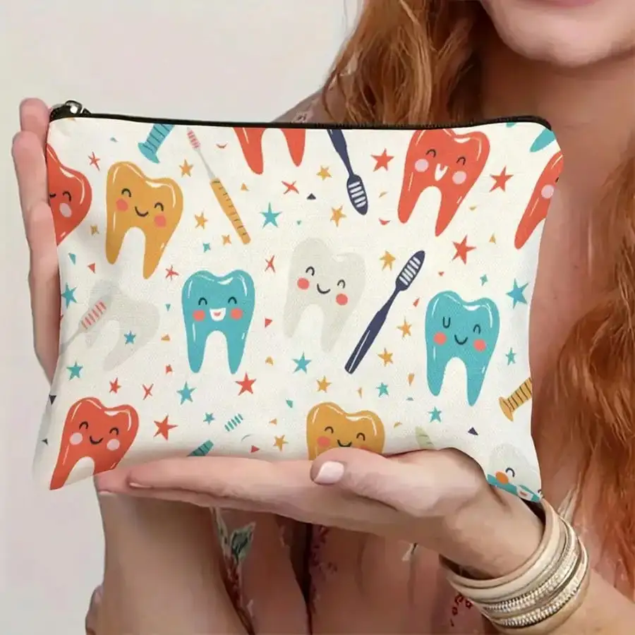 Fun and Educational Dental Care Travel Bag Colorful Illustrations of Teeth Toothbrushes Toothpaste Etc for Boys Girls Coin Purse
