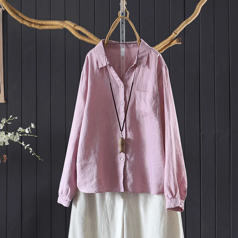 

100% Linen Women Long Sleeve Casual Shirt New Arrival 2026 Spring Turn-down Collar Solid Color Loose Female Tops Shirts M2692