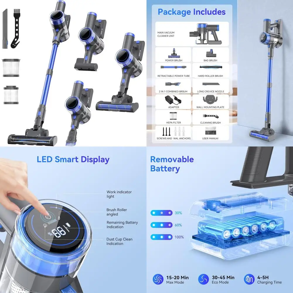 Multifunctionele lichtgewicht draadloze stofzuiger, 10-in-1 zuigkracht, 45 minuten batterij, LED-display, ideaal voor thuis, auto's en