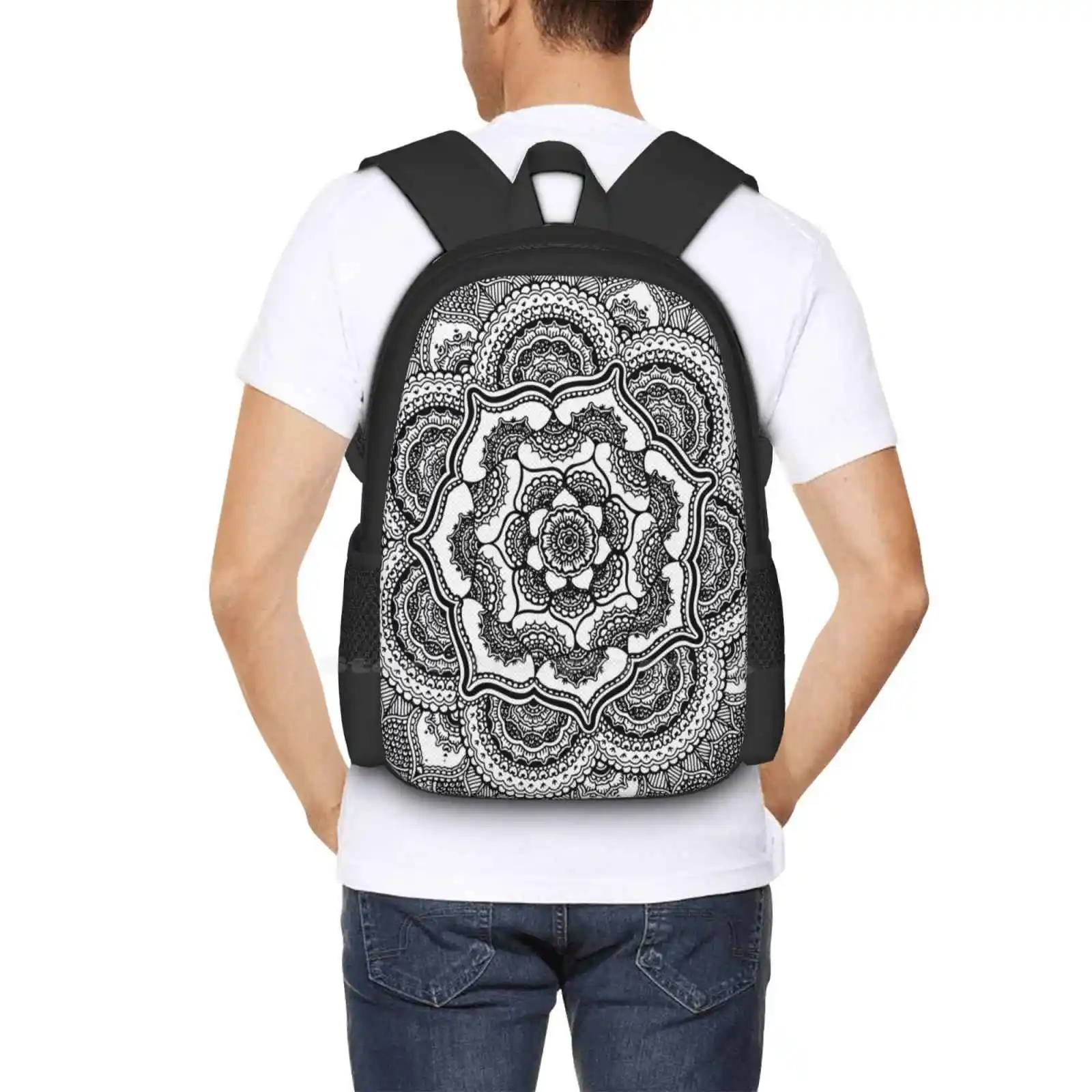 Spring Lotus-mochila abstracta para hombres, mujeres y niñas, bolso blanco y negro, flores blancas y negras, dibujado a mano