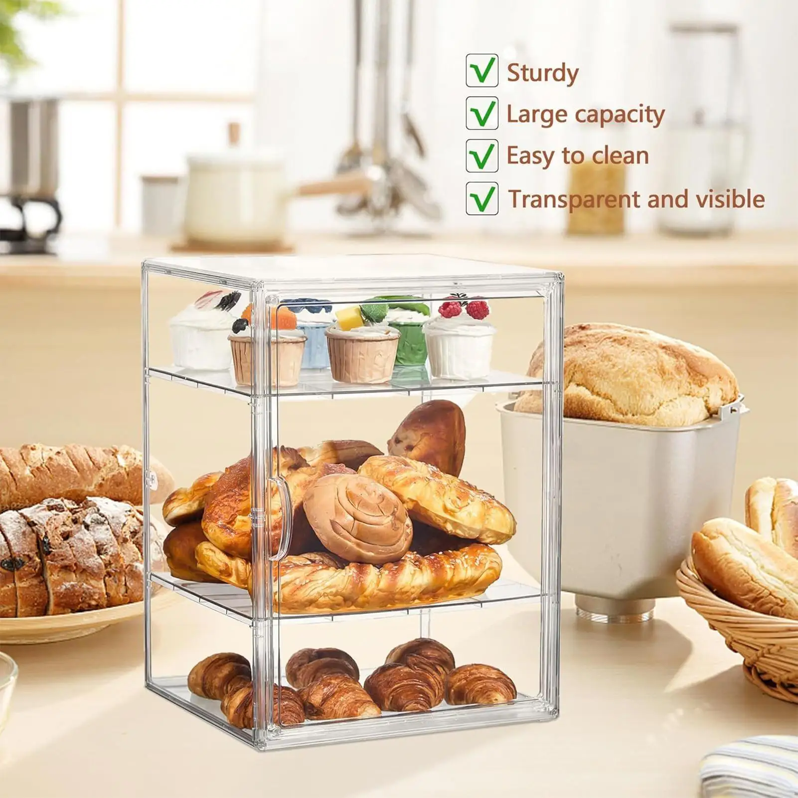 Pastry Display Case,Bread Box for Kitchen Countertop,4 Layers Adjustable Clear Bread Storage with Magnetic Door Bakery Display