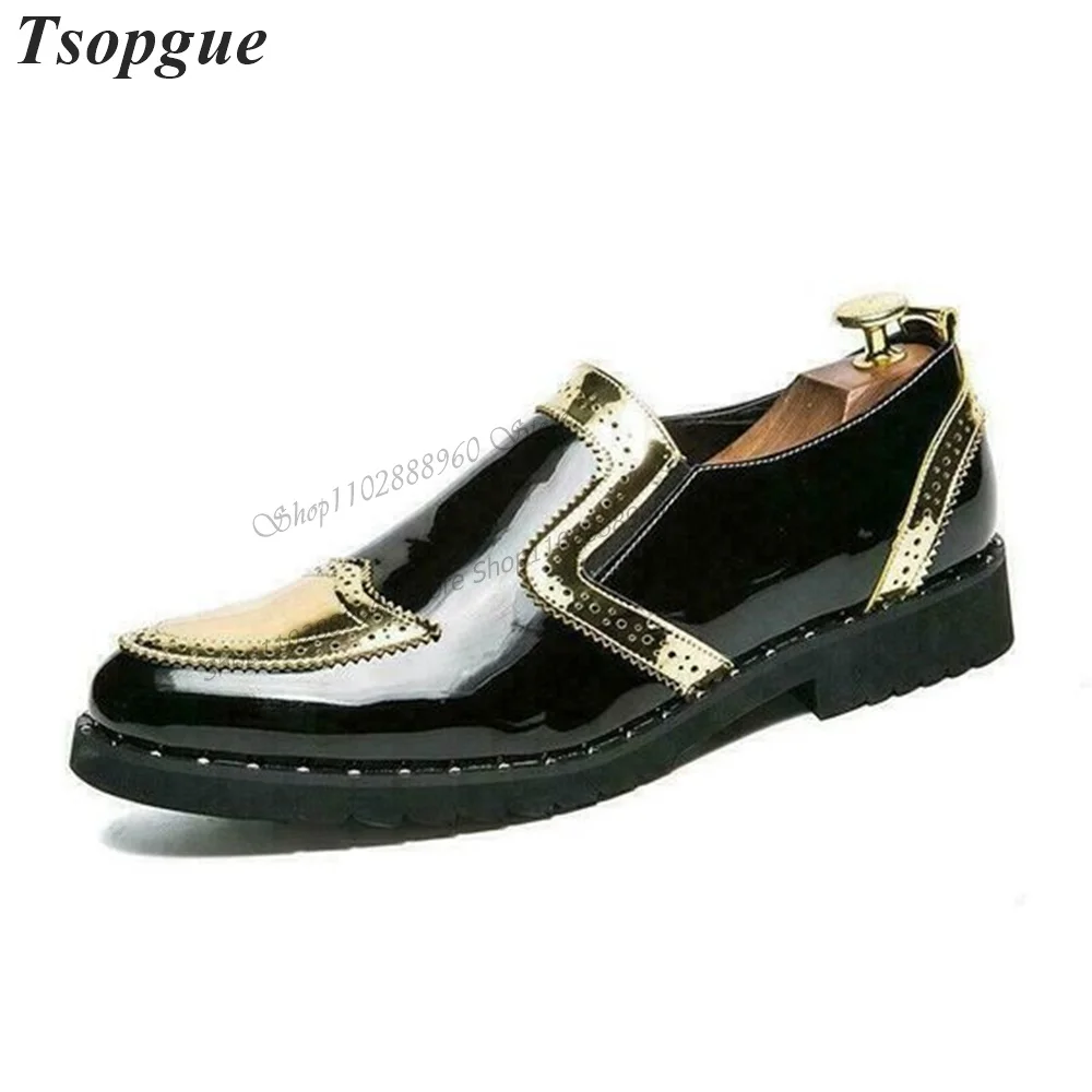 Black And Gold Patent Leather Carve Men's Pumps Men Dress Shoes Slip-On Runway Casual Party Shoes 2023 Fashion Zapatillas Mujer