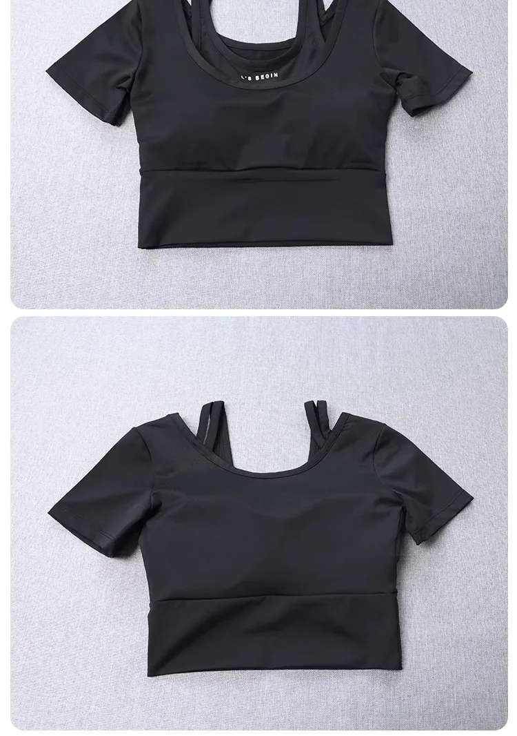 2-in-1-BH mit integriertem BH für Damen, enges Yoga-Oberteil, schnell trocknendes, kurzes Trainingsshirt, Sommer-Fitness-Training, kurze Ärmel – Detail 7