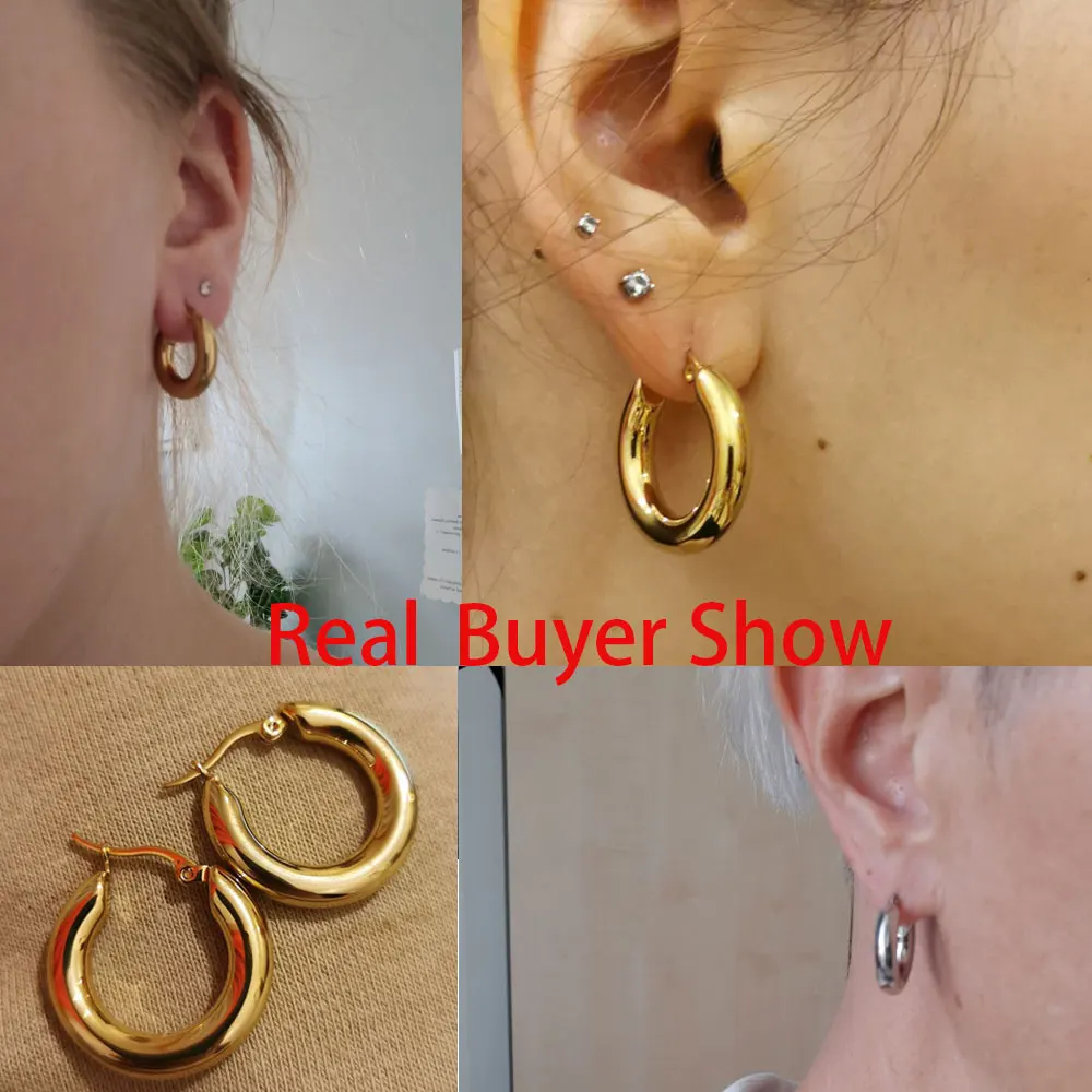 Surgical Steel Gold Color Tone Women Chunky Earrings Stainless Wives Round Smooth Thick Hoop Gift Fashion Jewelry 20mm/25mm