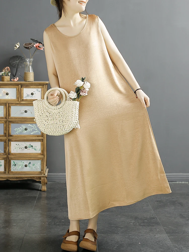 Retro cetim renda guarnição tanque Dr feminino verão elegância redonda Ne Svel saia longa commute Sle bordado floral solto...