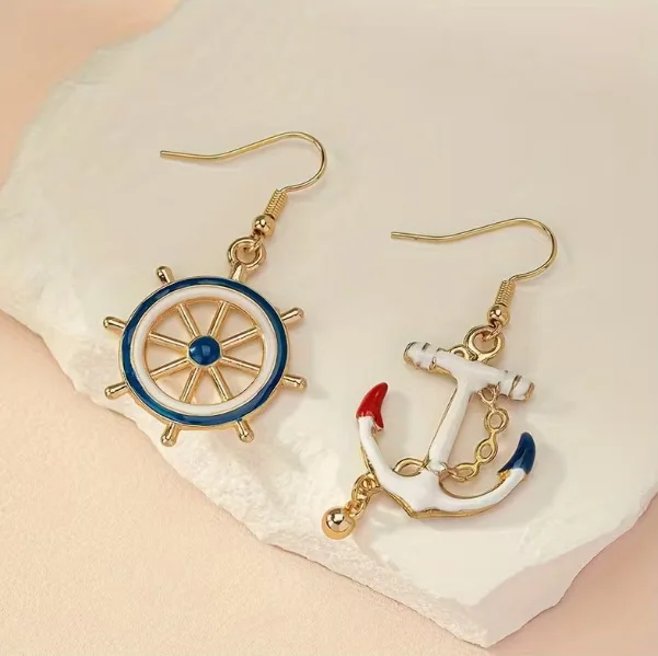 Ocean Theme Asymmetry Glaze Ship Anchor Steering Wheel Earrings For Women Trendy Ears Accessories Party Office Wear Jewelry Gift