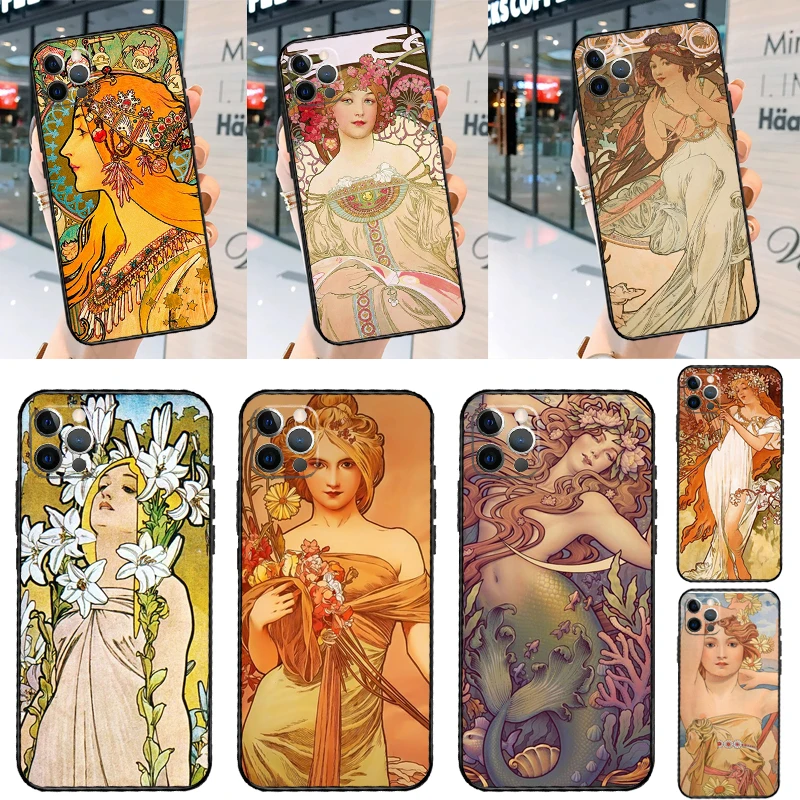 Vintage Alphonse Mucha Art Phone Case For iPhone 11 12 13 14 15 16 Pro Max X XR XS Plus Silicone Bumper Back Cover