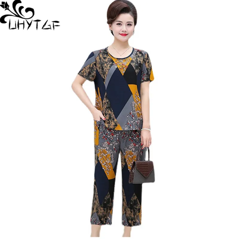 

UHYTGF Mom Summer Two Piece Set Womens Tracksuit Print Cotton Silk Home Clothes Short-Sleeved Top Thin Suit Female Outifits 2446