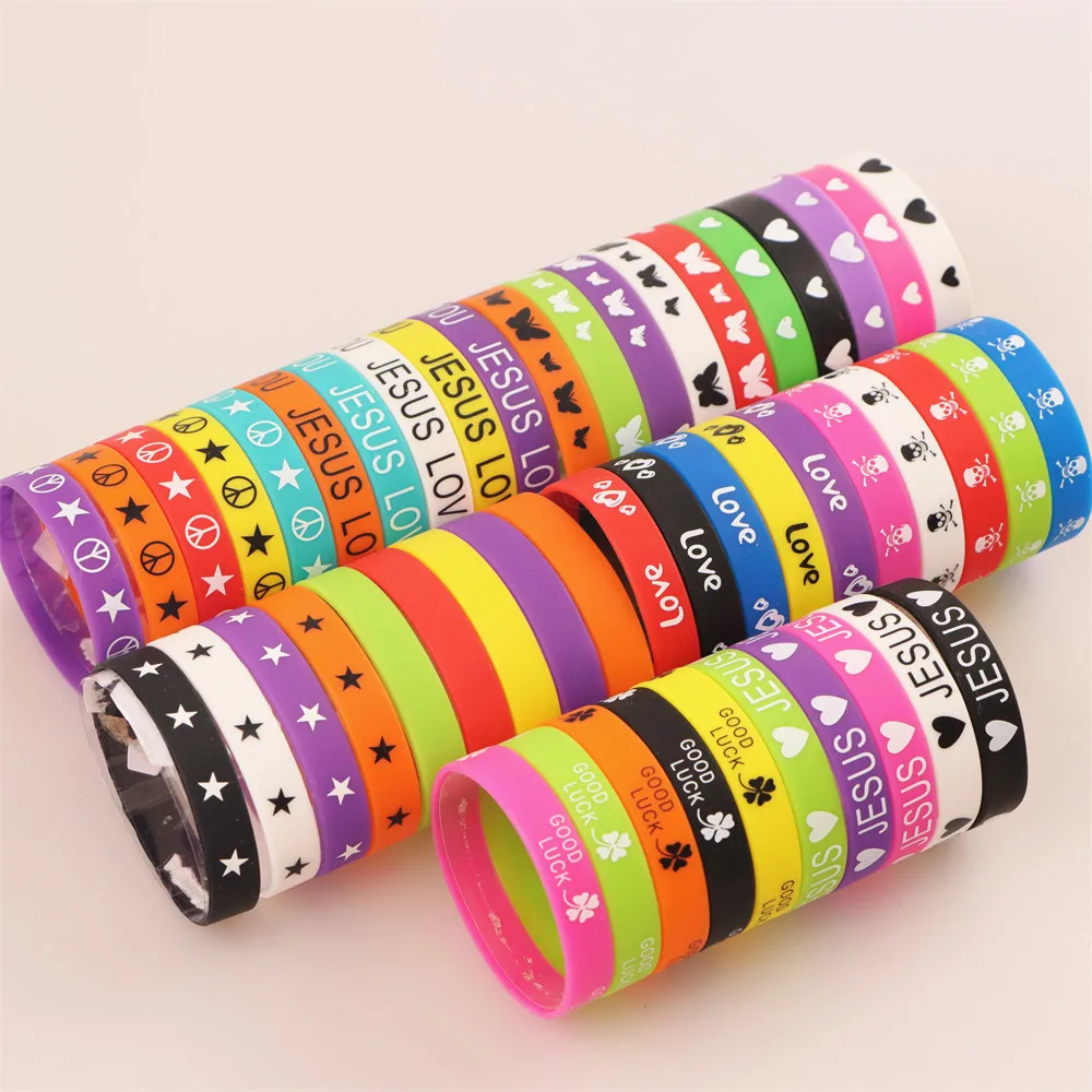 10/20/30/50/100Pcs/Lot Fashion Simple Cross Peace Skull Elasticity Silicone Bracelets For Man Mix Style Jewelry Gifts Wholesale