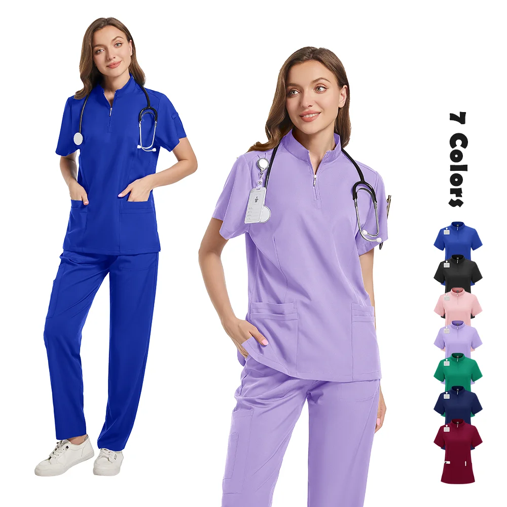 여성용 4 포켓 지퍼 넥 반소매 스크럽 탑 간호사 유니폼 여성 남성 의료 간호사 액세서리 병원 의사 유니폼
