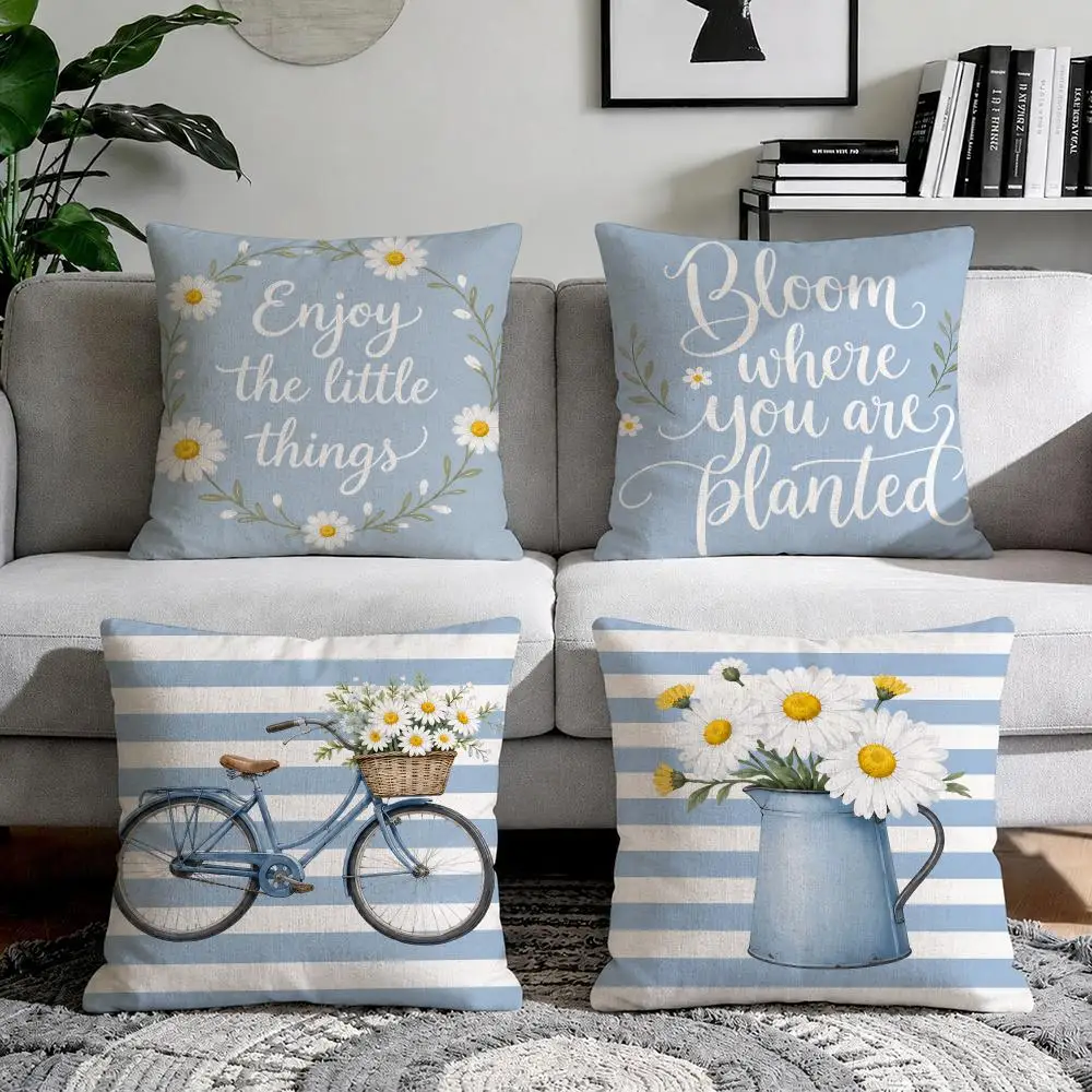 Blue Daisy Bicycle Cushion Cover Natural Breathable Durable Linen Printed Decor Pillow Case Sofa Bedroom