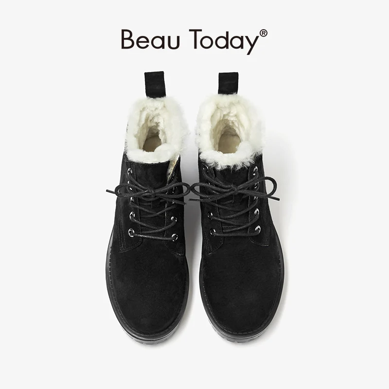 

BeauToday Snow Boots For Women Platform Round Toe Genuine Pig Suede Warm Fur Inside Lace-Up Shoes Ladies Winter Handmade C03281