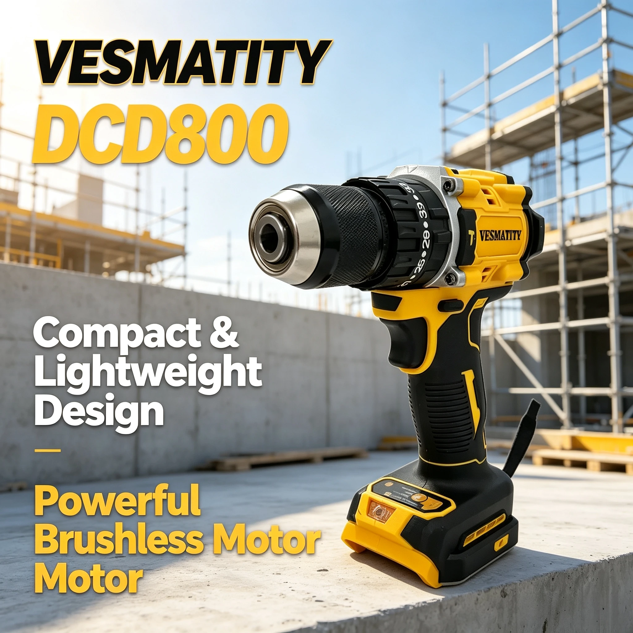 20V Vesmatity DCD800 Brushless Drill Driver 90Nm Torque 2 Speed Compact Cordless Power Tool Workshop Home Prime