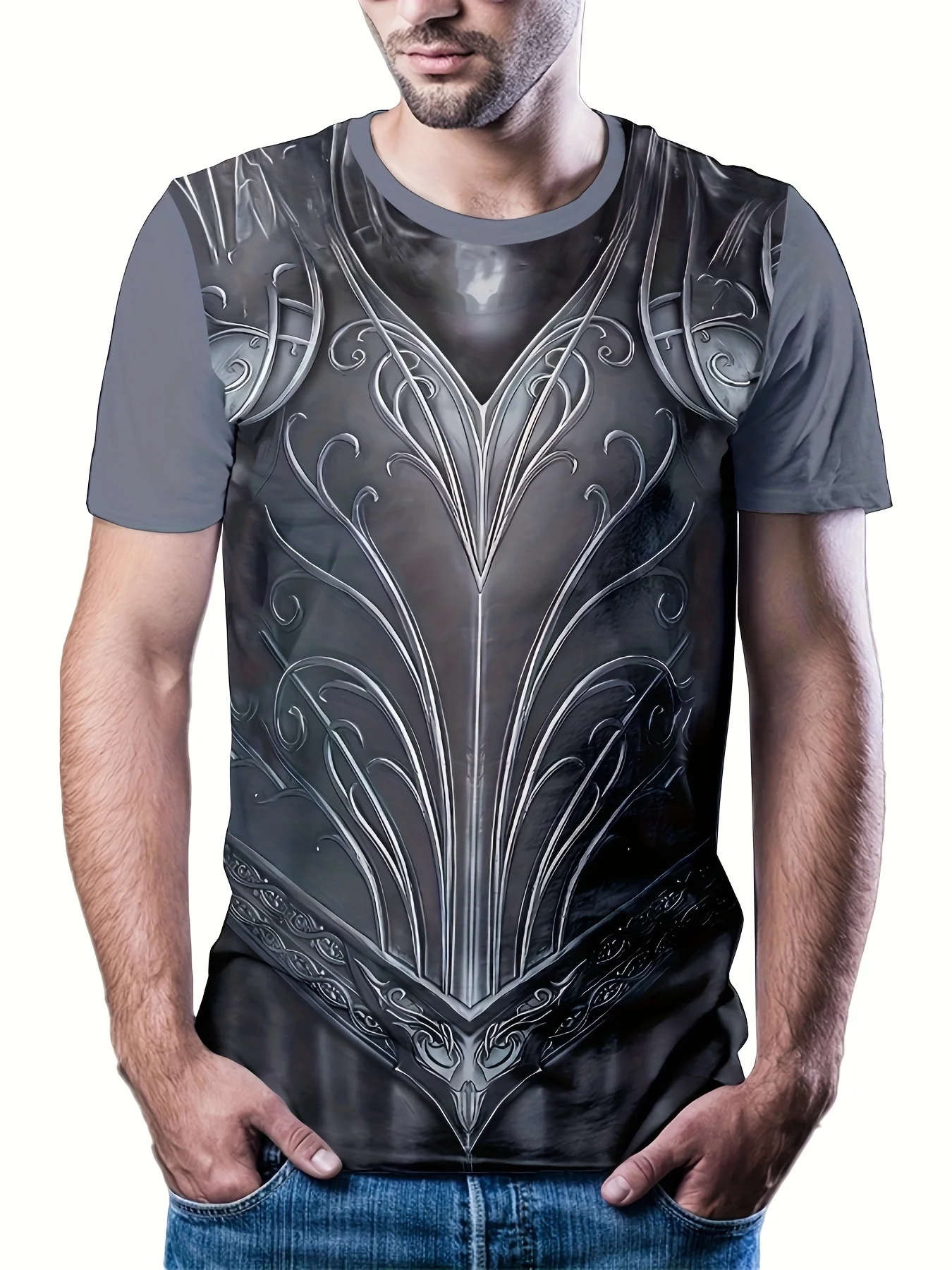 Men Light Gray Short Sleeve Dark Gray Symmetrical Retro Floral Carved Armor Print Crew Neck T-shirt