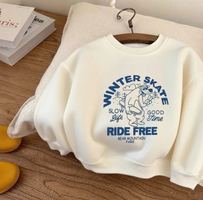 Kids Spring Autumn Casual Loose Fit Sweatshirt Cotton Tops With Winter Skate Bear Print Multiple Color Choices For Toddlers Wear