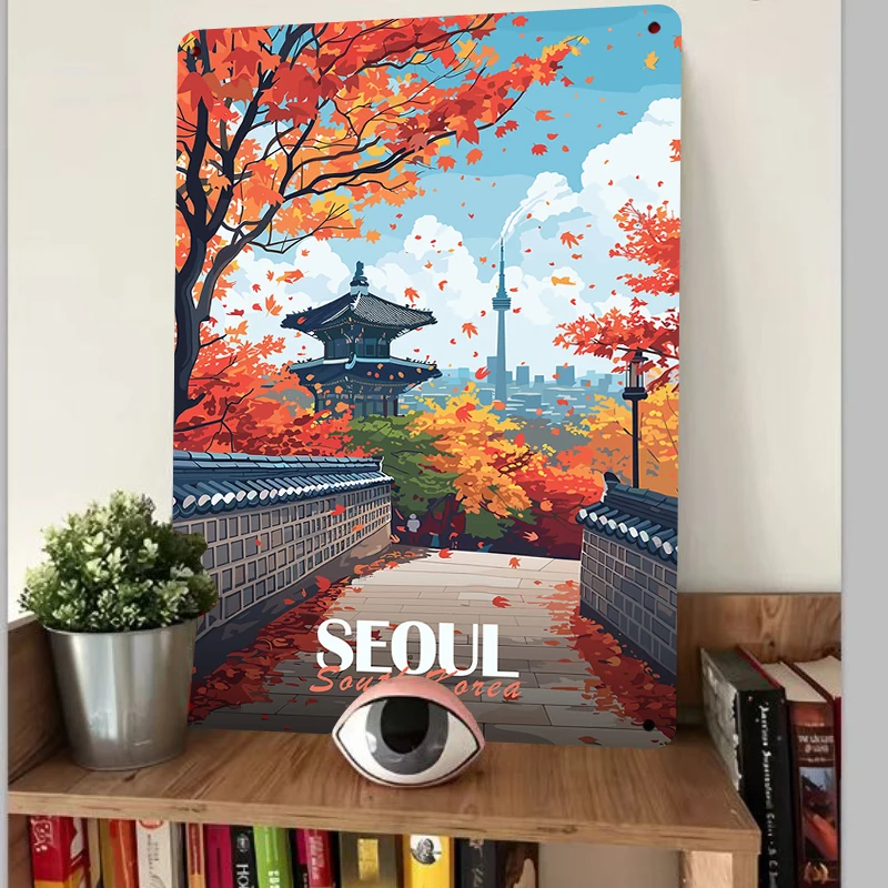 Seoul Autumn Landscape Metal Wall Art Traditional Pavilion Modern City Skyline Home Decor