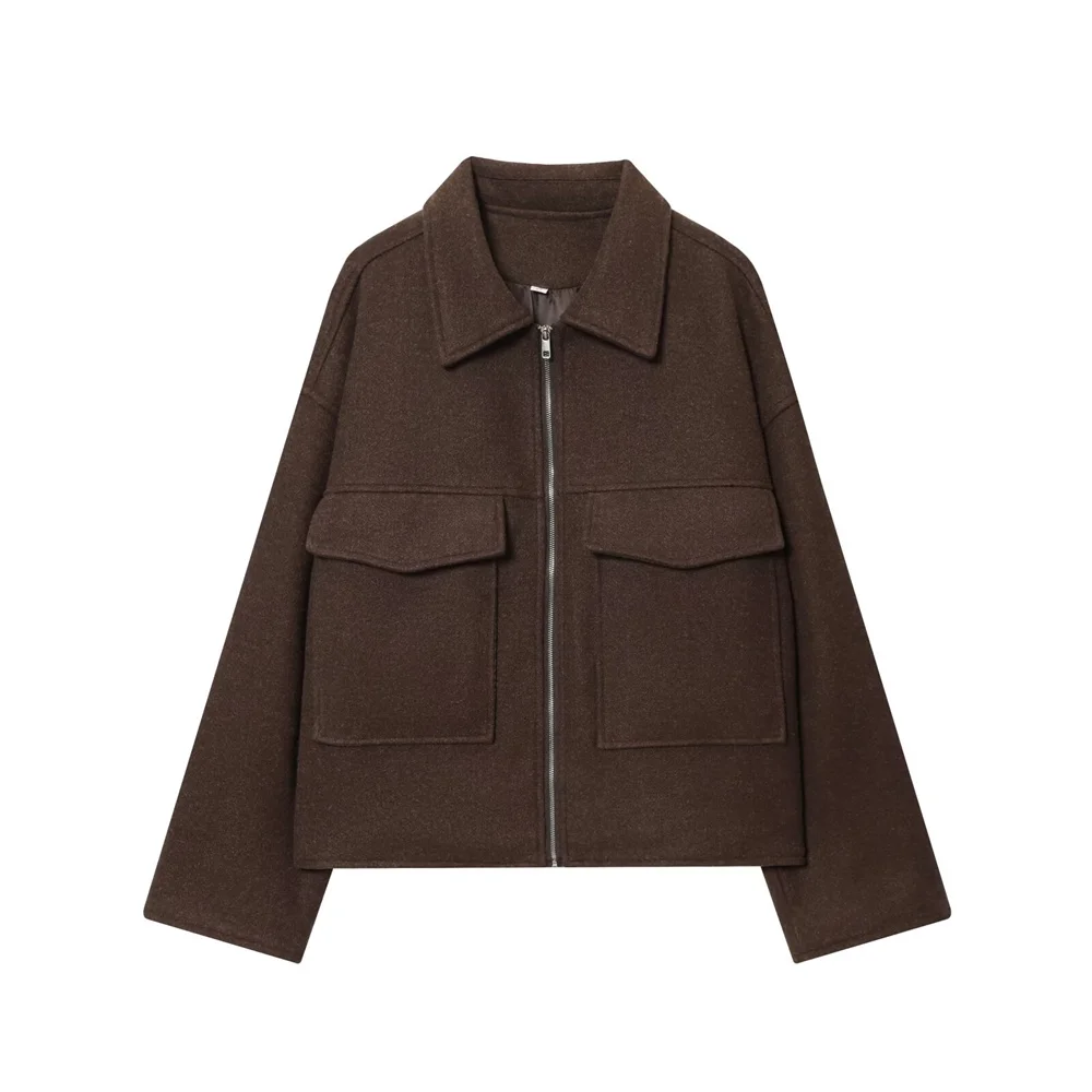 معطف صوفي نسائي جديد للخريف والشتاء على الطراز الأوروبي والأمريكي متعدد الاستخدامات فضفاض بلونين وجيب كبير وسحاب #2