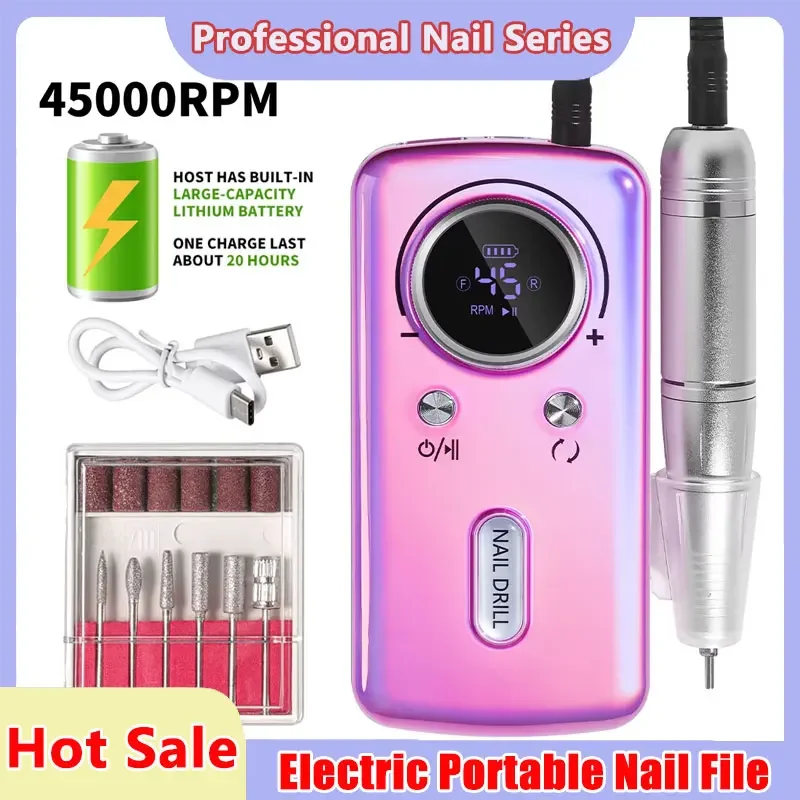 Perceuse à ongles électrique Portable 45000 tr/min, lime à ongles Rechargeable, ponceuse pour ongles en Gel, polissage pour Salon de manucure à domicile