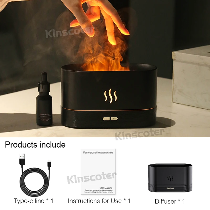 USB-Desktop-Flammen-Aroma-Diffusor Luftbefeuchter 7 Farben Simulationslicht Aromatherapie-Luftreiniger für Schlafzimmer/Ätherisches-Öl-Set