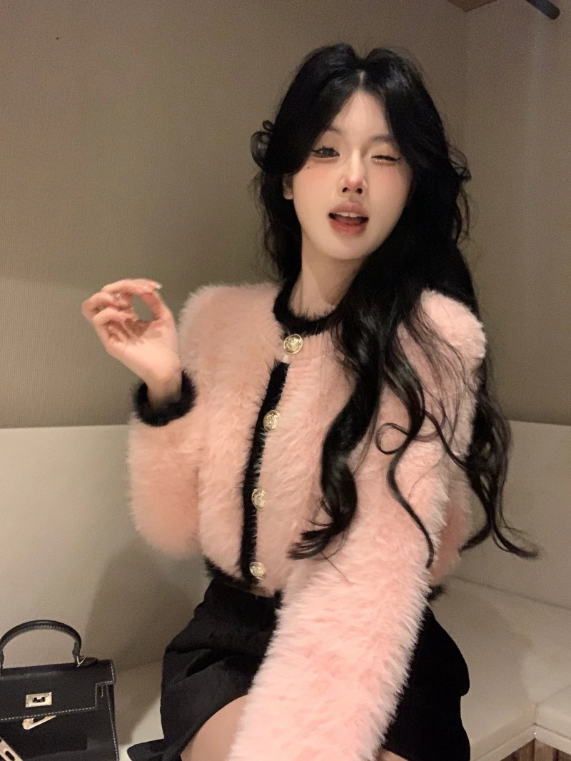 Short Knitted Woolen Sweater Women's Outerwear Fashion Autumn Winter New Style Small Size High-End Feelings Imitation Fur