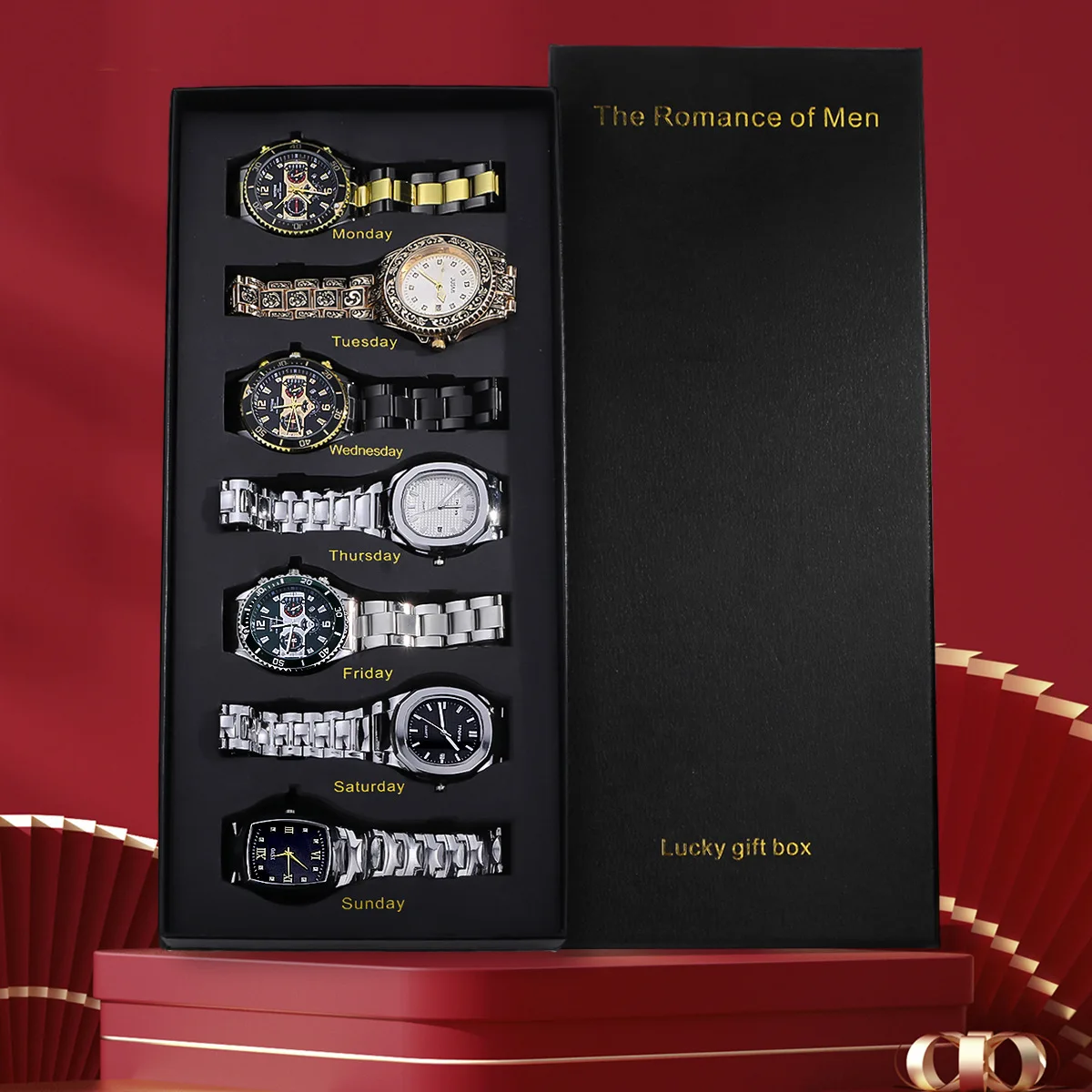 7‑Pcs Trendy Male Rhinestone Watch Kit Diverse Dial Shapes Spark Crystal Inlay Fine‑Polished Metal Collectible Presentation Case