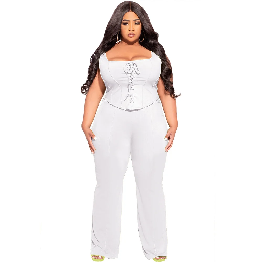 Wmstar Plus Size Women Clothing 2 Piece Outfits Summer Bandage Top Flared Pants Fashion Matching Sets Wholesale Dropshipping