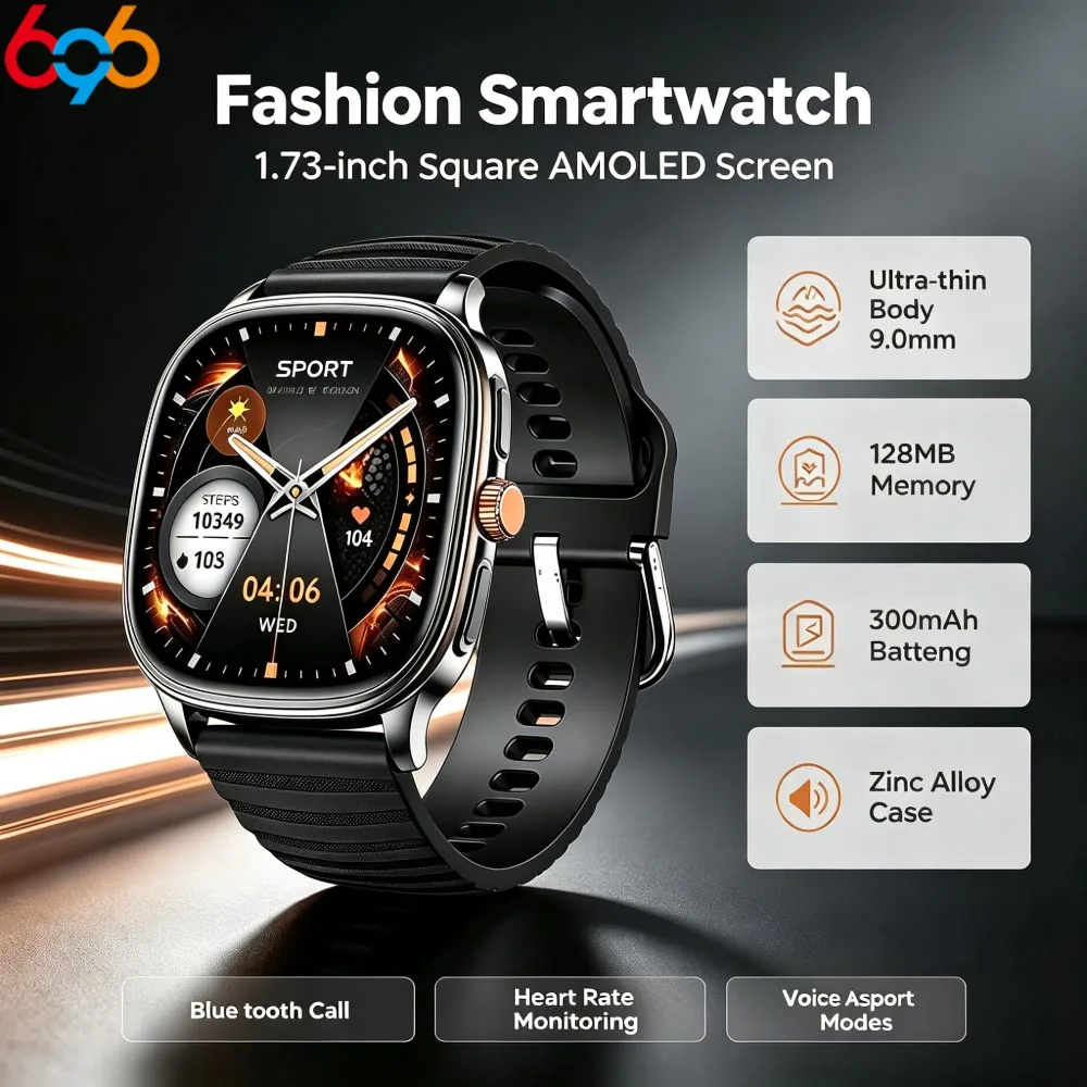 1.73" Square AMOLED Display Smart Watch IP68 Waterproof AI Voice Assistant Hands‑Free Call Fitness Sports Tracker for Men Women
