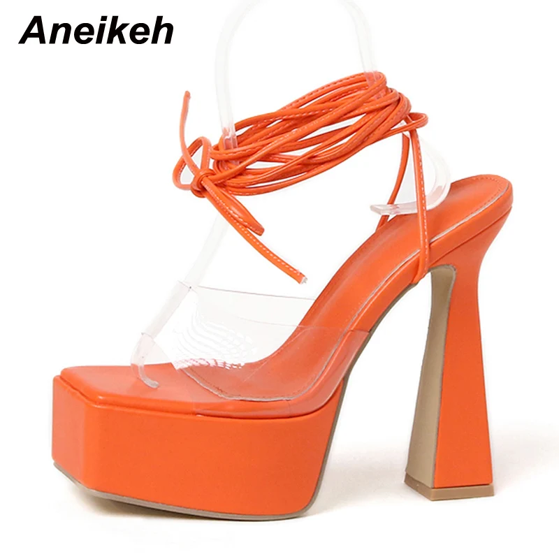 Aneikeh Sexy Ankle Strap Sandals Women PVC Transparent Open Toe Lace-Up 15CM Super High Heels Platform Chunky Party Dress Shoes