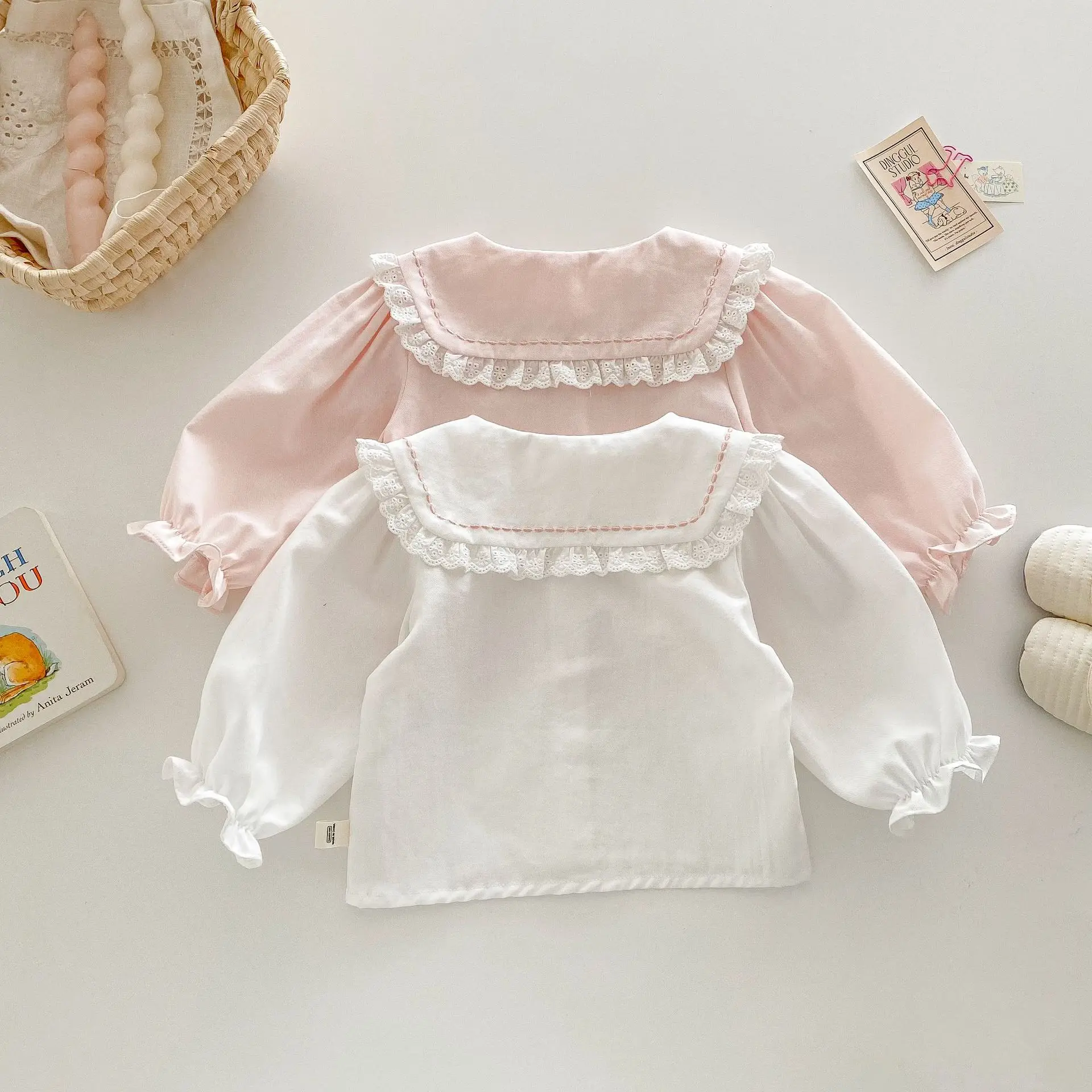 2026 Spring New Baby Girls Blouses Cotton Lace Floral Embroidery Collar Toddler Cute Blouse 0-5Year Kids Girls Cotton Shirts