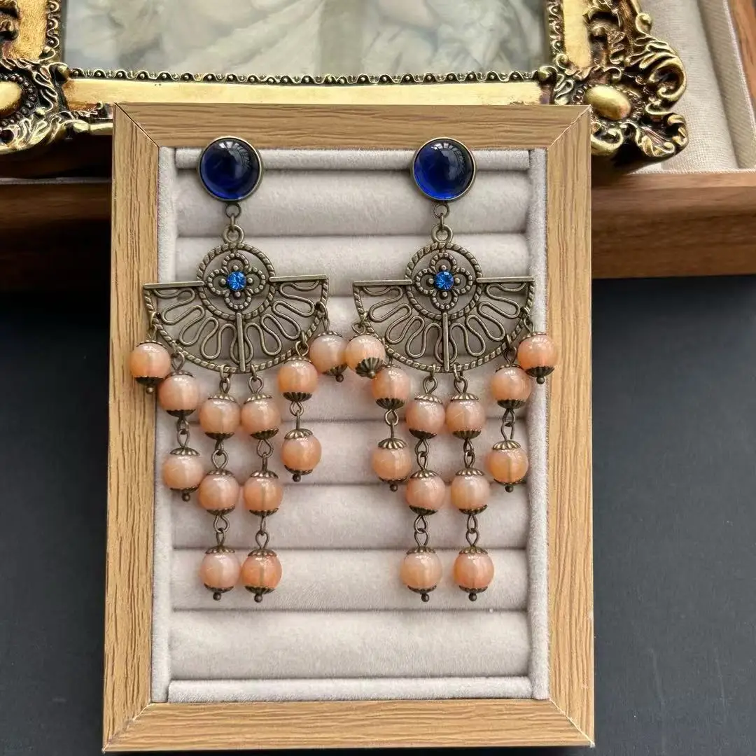 Medieval high-end sense exaggerated glazed earrings niche retro fan zircon inlaid temperament long shoulder earrings