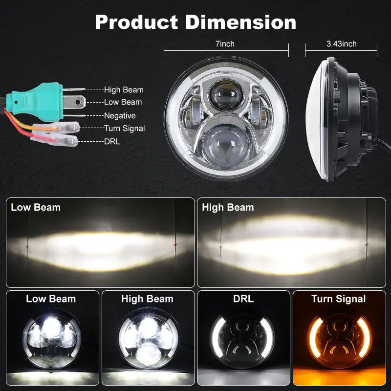 OVOVS 7 Inch 50W Round LED Headlight High Low Beam Amber Turn Signal DRL Headlamp for Jeep Wrangler JK TJ CJ LJ Defender 90 110
