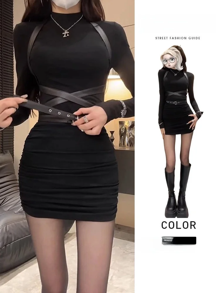 

Bla Sexy Long Sve Bodycon Dr Women's Autumn Winter New Sle under Coat Base Layer Slim Fit Wrap around Skirt