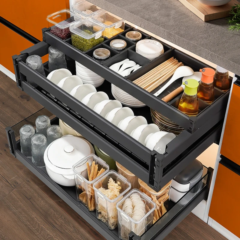 

Kitchen cabinets, dishes, baskets, three-layer drawer-type baskets, shelves inside doors.