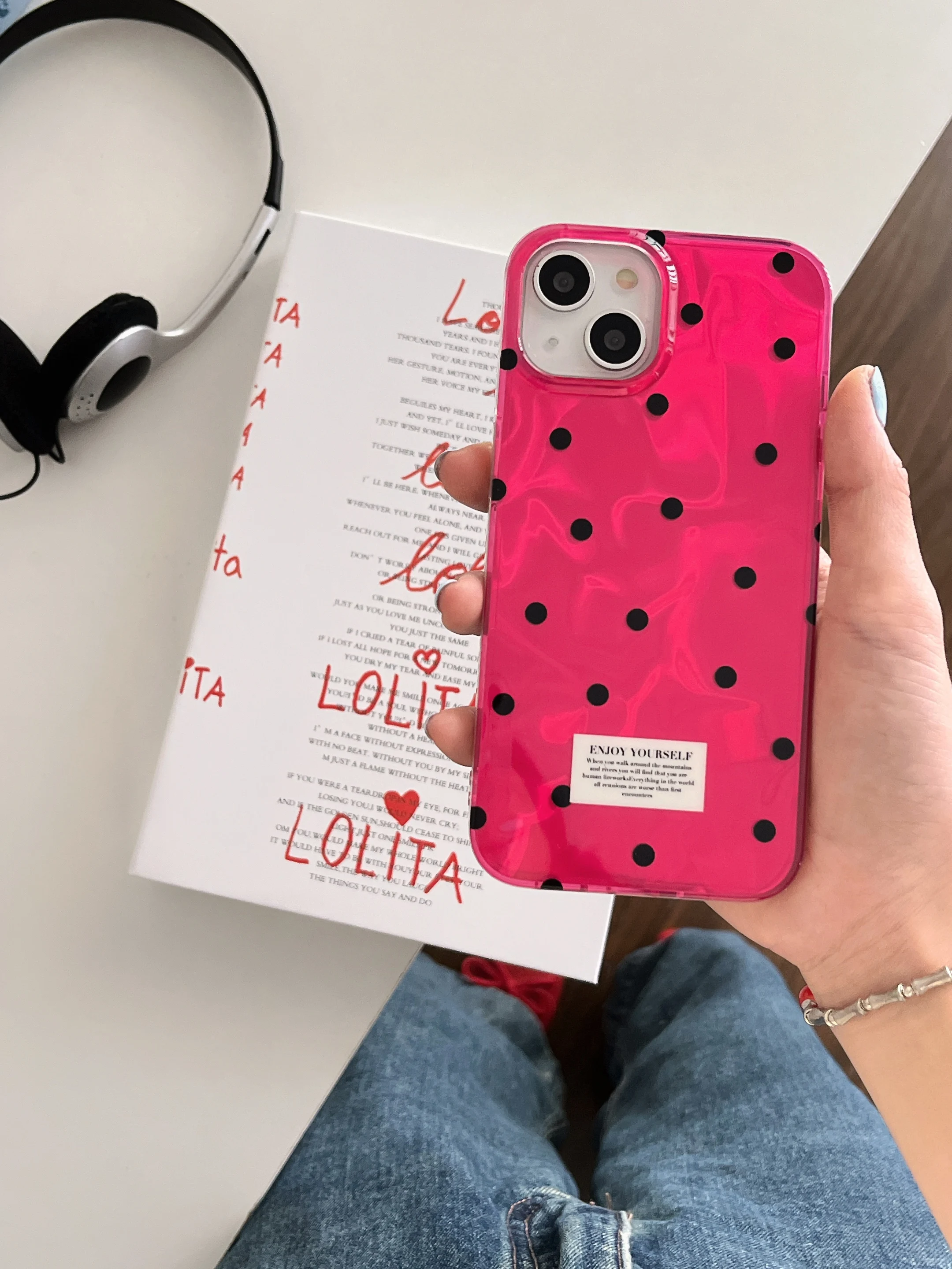 Ins Simple Wave Point Rose Red Phone Case for iPhone 15 14 13 Pro Max 12 Pro Water Ripple Back Cover