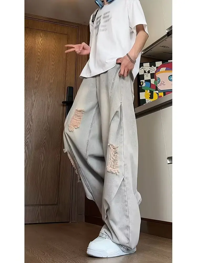 

TT Original Men's Spring Summer New Waed Ripped Denim Jeans High Street Casual Knife Long Pants Loose Straight Cut