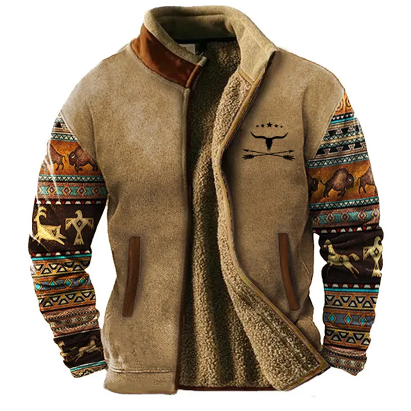 Holiday Warm Coat Blue Brown Standing Collar Wool Winter Design Graphic Tribal Retro Men\'s Everyday Casual Comfort Zippered
