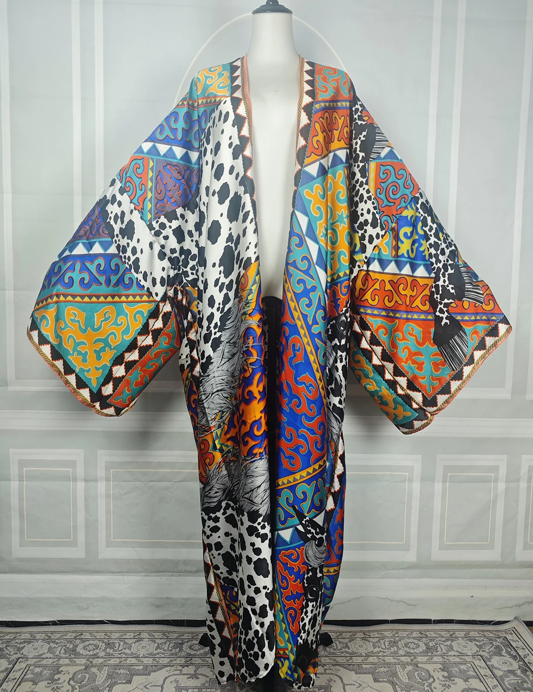Women's Leopard Patchwork Print  Long Kaftan Wide Flare Sleeve Open Front Kimono Robe Beach Cover Up Maxi Resort Holiday