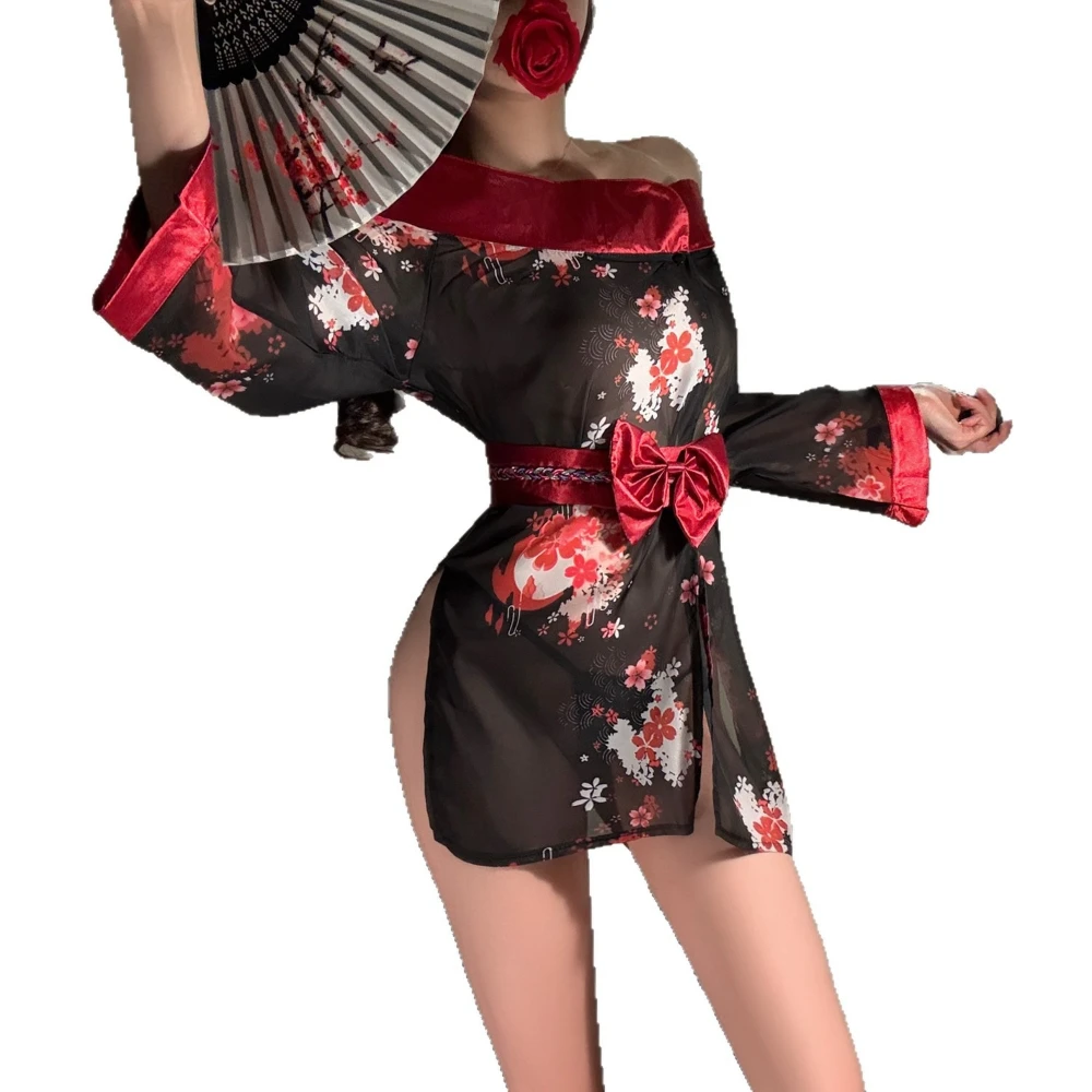 Japanese Style See-through Printed Kimono Cosplay Lingerie Set One-Shoulder Nightdress Transparent Bathrobe Woman Home Miniskirt