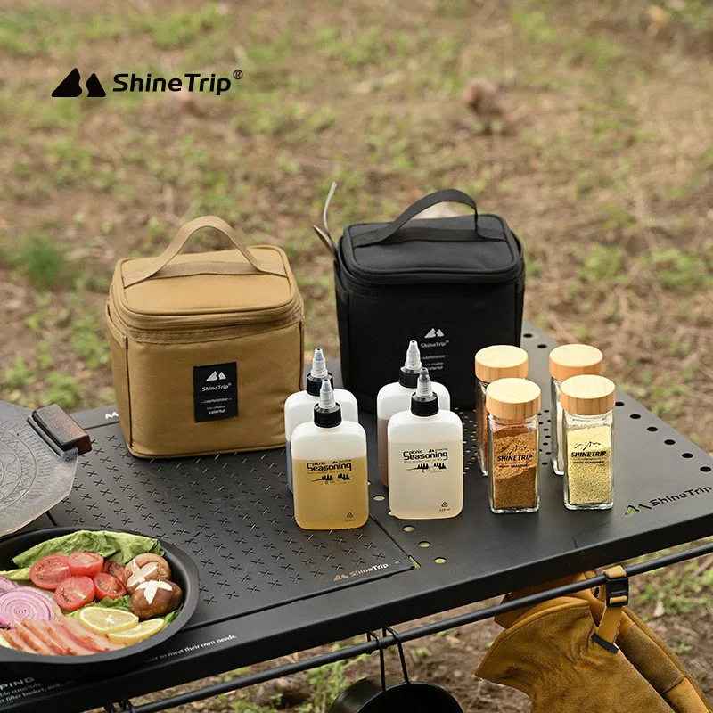 Shine Trip Outdoor Camping Seasoning Bottle Set,Picnic Seasoning Box,Oil Pot,Packaging Jar with Bamboo Lid, Sealed Seasoning Jar