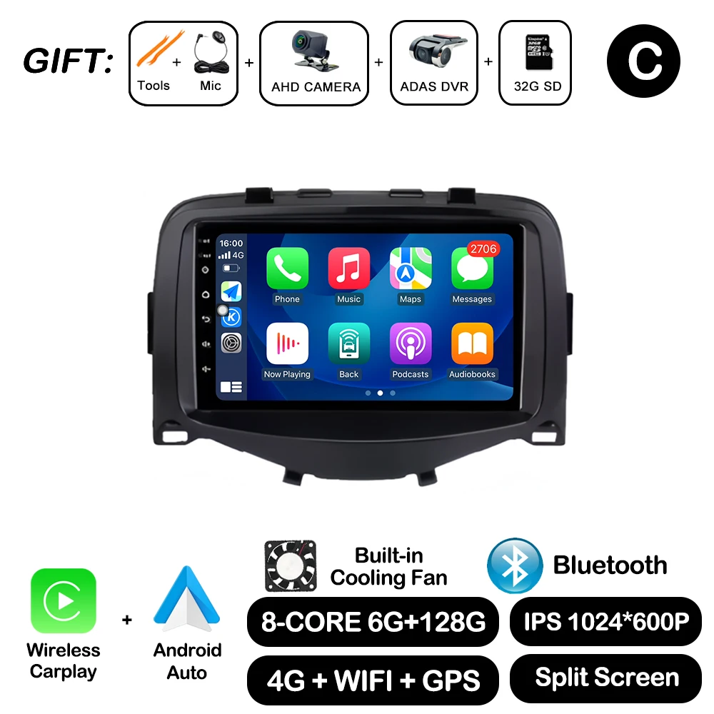 7 Inch Voor Toyota Aygo Peugeot 108 Citroen C1 2016-2020 Autoradio Autoradio Multimedia Speler Carplay 4G + Wifi Bt Dsp Stereo - afbeelding 1
