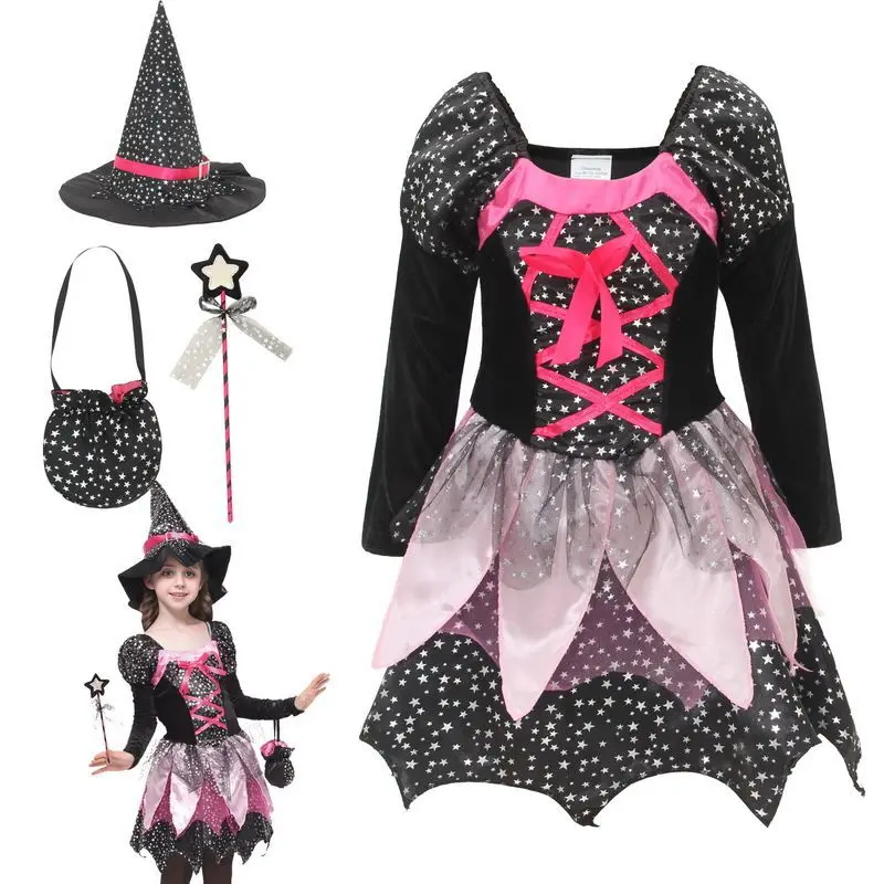 Hexenkostüm für Mädchen, Halloween-Komplettset, schwarz-rosa Stern-Tüllkleid, Hut, Halskette, Zauberstab, Socken, Festtagsparty-Kostüm – Detail 5