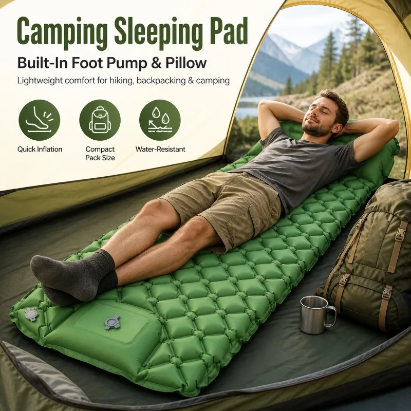 

Camping Inflatable Sleeping Pad with Built-in Foot Pump Pillow, Compact TPU Air Mattress for Hiking Travel