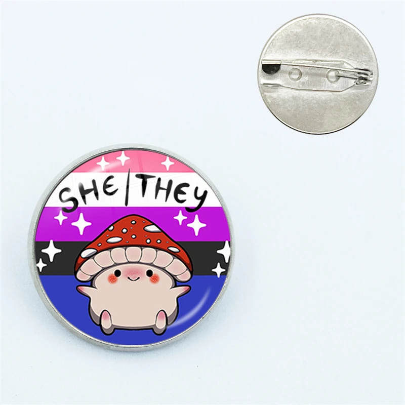 Genderfluid Pride She They Mushroom Pronoun Pin Cute Glass Brooches Shirt Lapel Teacher Tote Bag Backpacks Badge Gift Pins