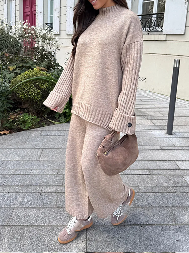 Solid Color Full Sleeved Knit Women\'s Sweater Set Casual Loose O-neck Top Long Wide Leg Pants Suits Autumn Warm Daily Streetwear