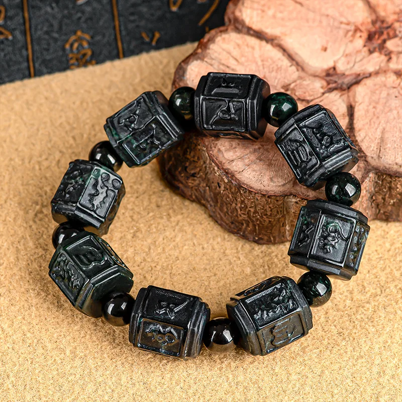 Natural Burma A-goods Jade Black Chicken Six Word Truth Passepartout Hand String Jadeite Beads Bracelet Transfer Barrel Jewelry