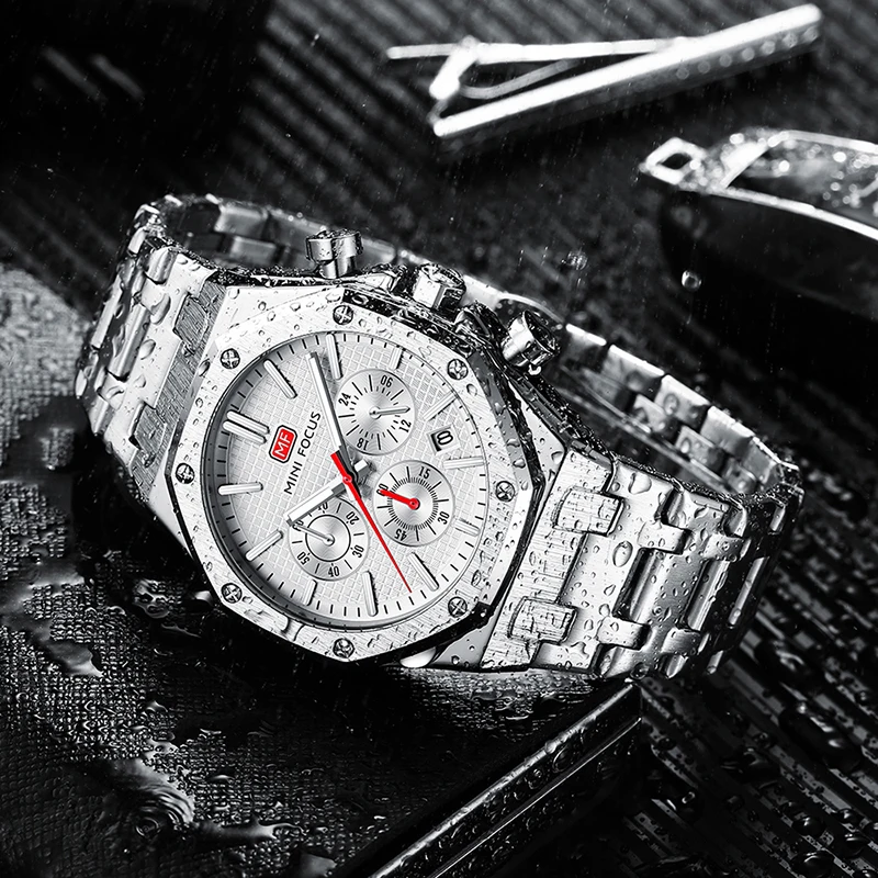 MINI FOCUS 0609 แฟชั่นนาฬิกาควอตซ์สําหรับชาย Multi-Function Luminous ปฏิทิน Chronograph กันน้ํา Casual นาฬิกาข้อมือผู้ชาย