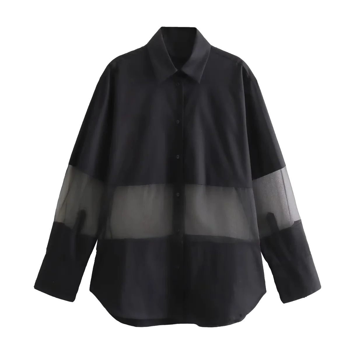 قميص نسائي فضفاض بأسلوب الشارع الخريفي من JNLEAOG، مصنوع من التول الشفاف، بأكمام طويلة وياقة بولو، بسماكة عادية