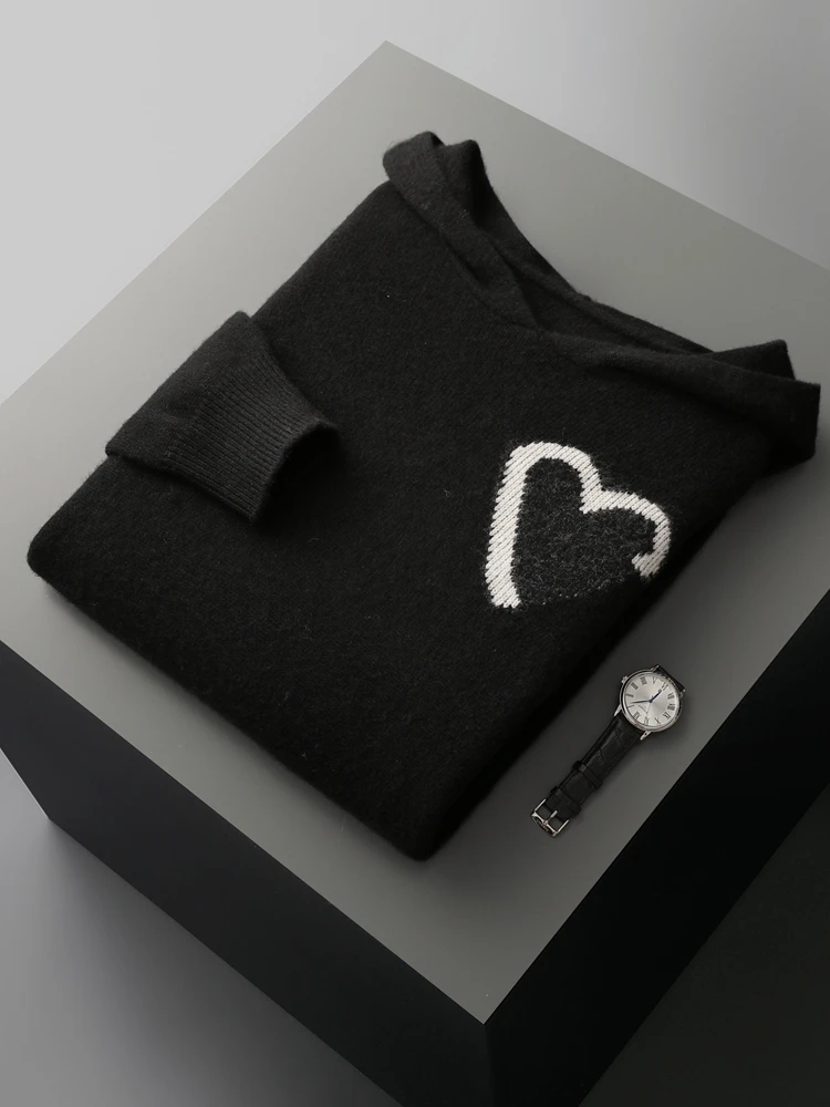 TLOML Men's 100% Merino Wool Knitwear Hooded Pullover Autumn Winter Soft Warm Cashmere Sweater Jacquard Casual Loose Style Tops