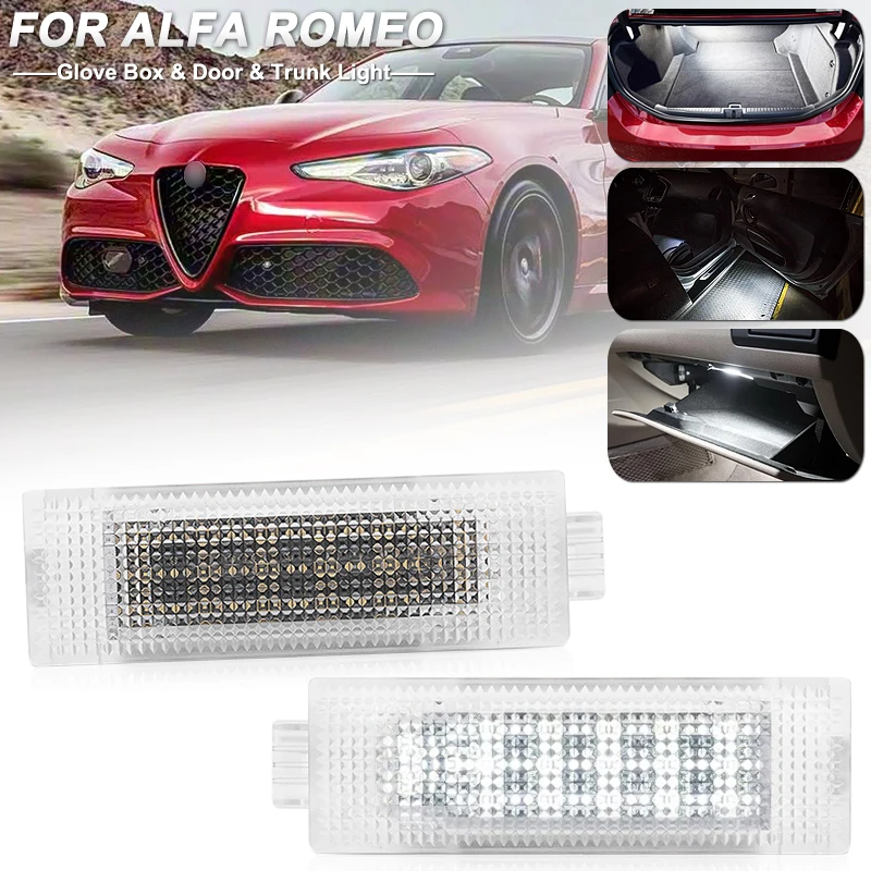 2Pcs For Alfa Romeo 147 156 159 166 4C Brera Giulia Giulietta Mito Stelvio Spider White LED Luggage Trunk Door Glove Box Light