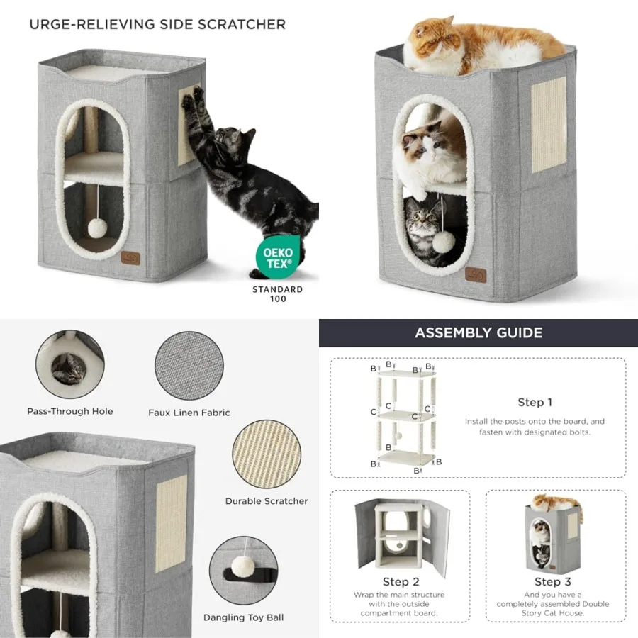 

2 Story Cat House - Cat Condos for Indoor Cats with Scratch Pad and Fluffy Ball Hanging, Small Pet Cave Furniture Hideaway for